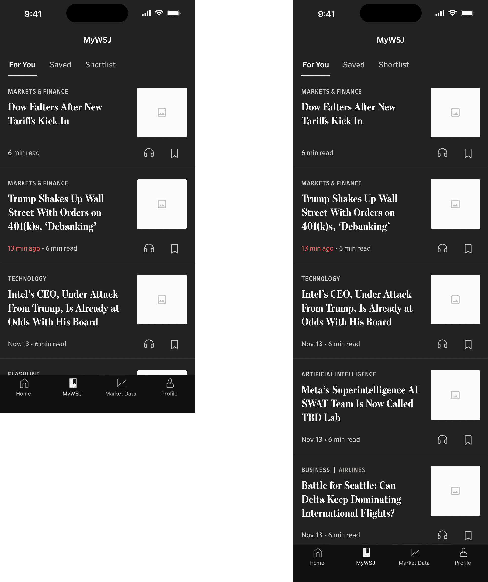MyWSJ "For You" personalized feed on mobile